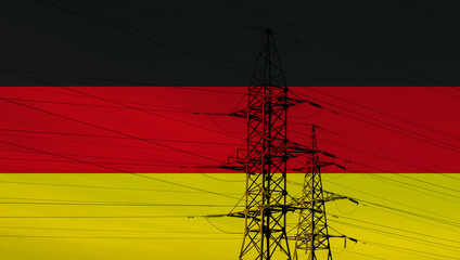 German flag with electric tower and lines. Energy supply crisis in Germany. High electricity...