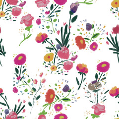 Seamless pattern with wildflowers on watercolor paper background.