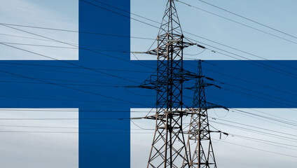 Finnish flag with electric tower and lines. Energy supply in Finland. High electricity prices....