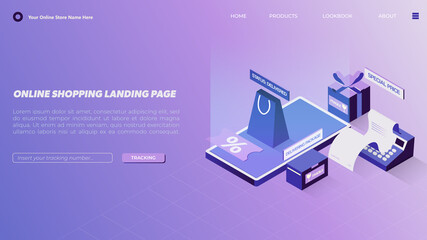 Online Shopping Landing Page in Isometric with Assortment of Packages and Shopping Bag