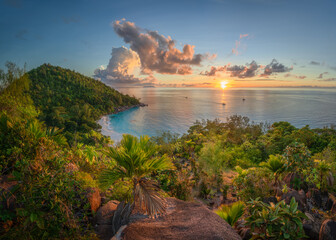 sunset at tropical beach anse georgette on praslin on the seyche