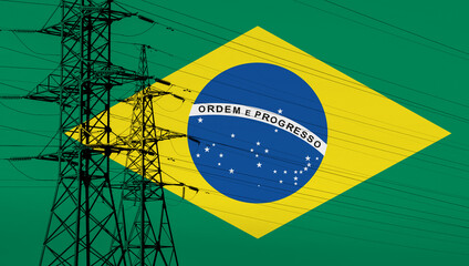 Brazilian flag with electric tower and lines. Energy supply in Brazil. High electricity prices....