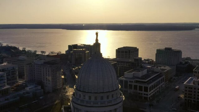Madison State Capitol Building at Sunrise (Drone - Close Up to Pull Back)