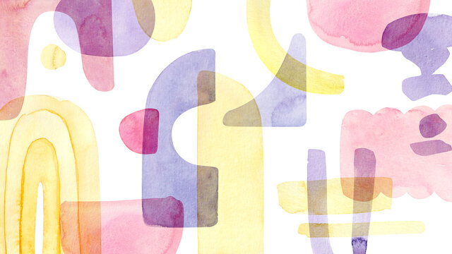 Fototapeta Abstract hand painted boho shapes painting, modern pastel coloured paint, watercolour background isolated on white background. Fun and creative colourful geometry shapes