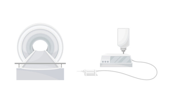 Hospital clinic medical diagnostic devices set. MRI Scanner and anesthesia machine vector illustration
