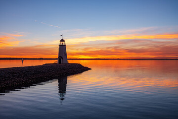 Sunset beautiful landscape of the Lake Hefner lighthouse