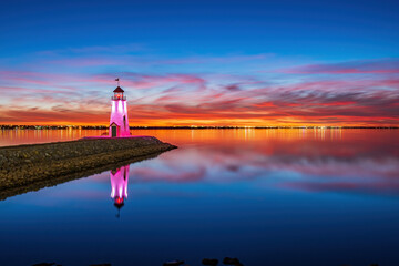 Sunset beautiful landscape of the Lake Hefner lighthouse