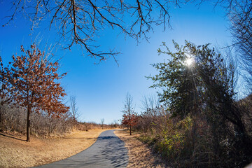 Sunny view of the landscape along the Eagle trail in Oklahoma Christian University