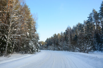 ORANKI, RUSSIA - JANUARY 19, 2022: Beautiful winter road on the way to Oranki Monastery in Nizhny Novgorod region