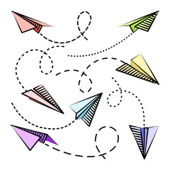 Various hand drawn paper planes. Colorful doodle airplanes with dotted route line. Aircraft icon, simple plane silhouettes. Outline, line art. Vector illustration.