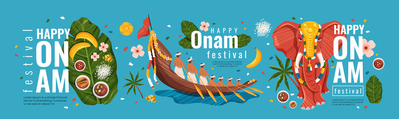 Happy Onam Festival concept. Colorful vertical banner with elephant, boat with Indians, traditional food on leaf and inscriptions. Design element for greeting cards. Cartoon flat vector collection
