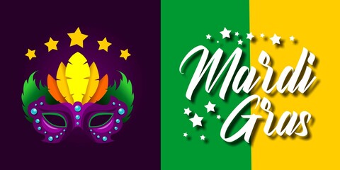 Hand Drawn Text Effect of Mardi Gras with stars and decorative mask on purple, green and yellow background, vector illustration