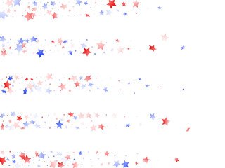 Flying red blue white star sparkles on white vector american patriotic background.