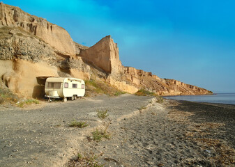 caravan trailer by the sea in summer santorini greece