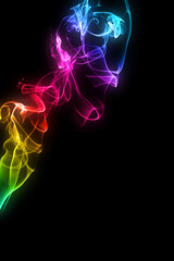 Fototapeta na wymiar A colorful smoke spiral pattern in rainbow gradient colours on black background.