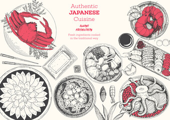 Japanese food menu restaurant. Asian food poster. Vector illustration top view. Japanese food engraved design template.
