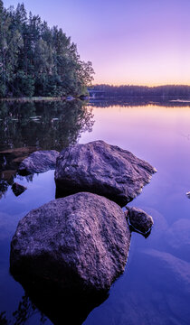 Beautiful Purple Dusk At Calm Finnish Lake