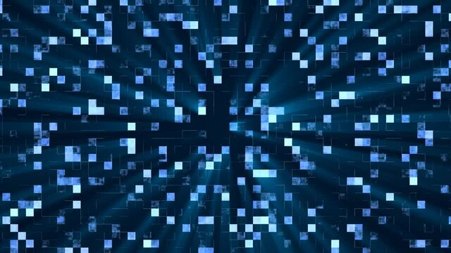 Animation abstract mosaic background. Texture of moving squares and lines. Design of technical interference. Maze. White noise. Pixels. Blue color. Glowing rays. Banner technology, social network. 4k