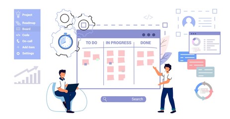 Obraz na płótnie Canvas Scrum task board Agile organizer with people sticking papers on it Analyzing process of software development Flat style isolated vector illustration Whiteboard and process teamwork Scheme methodology