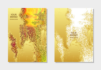 Set of unique bright colorful watercolor background, golden grunge texture. Artistic vertical templates are used as a decorative design element for a banner, cover, postcard and brochure.