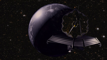 James Webb telescope in outer space on orbit of Earth. Planet surface and satellite. Elemets of...