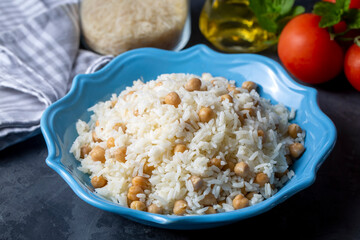favorite, served, turkish, healthy, dish, closeup, traditional, nutrition, close-up, meal, food, chickpea, dinner, delicious, rice, nohutlu pilav, health, cuisine, restaurant, cooked, pilaf, topping, 