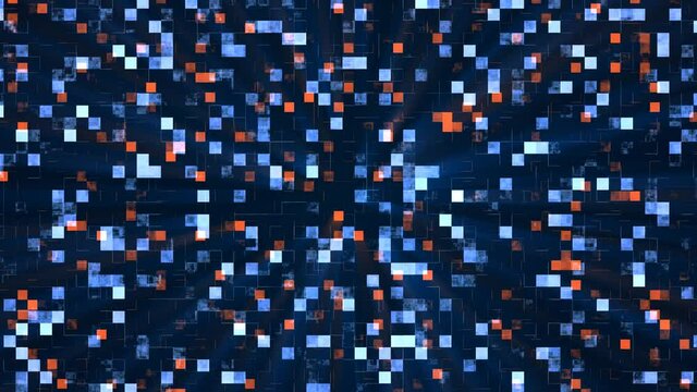 Animation of an abstract mosaic background. Texture of moving squares and lines. Design of technical interference. Maze. Pixels. Fire and ice. Glowing rays. Poster for technology, social networks 4k