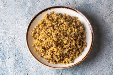 Traditional delicious Turkish foods; bulgur pilaf with green lentils (Turkish name; yesil...