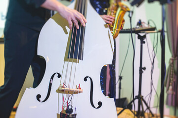 Concert view of contrabass violoncello player with vocalist and music band during jazz orchestra...