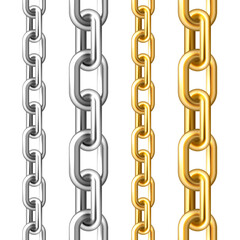 Obraz premium Realistic seamless golden and silver chains isolated on white background. Metal chain with shiny gold plated links. Vector illustration.