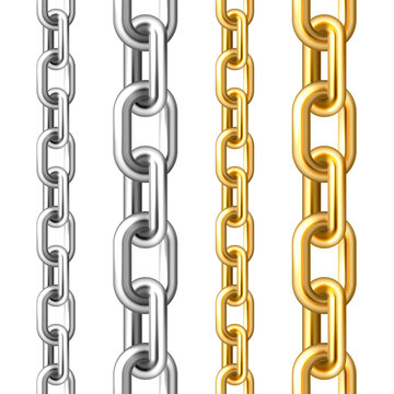 Realistic seamless golden and silver chains isolated on white background. Metal chain with shiny gold plated links. Vector illustration.