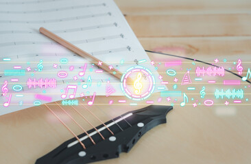 Music background concept. Guitar with colorful musical notes signs of abstract music sheet. Songs...