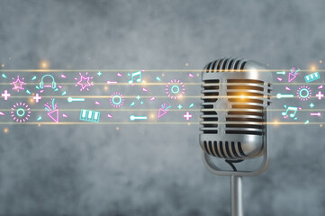 Music background concept. Microphone with colorful musical notes signs of abstract music sheet....