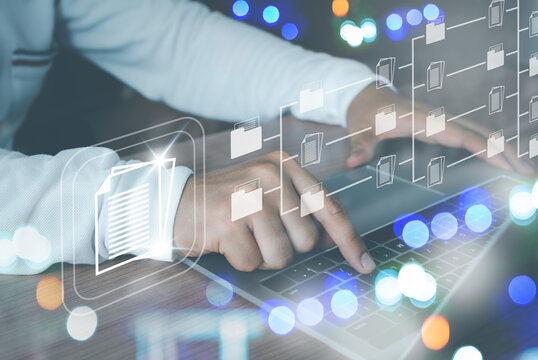  IT consultant or Programmer online laptop business processes virtual document management system (DMS) progress planning in office or work from home. Manage corporate files with technology concept.