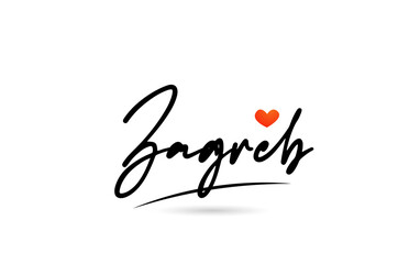 Zagreb city text with red love heart design.  Typography handwritten design icon
