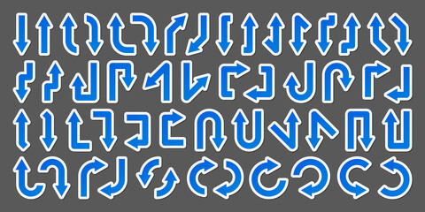 Colorful arrow stickers set. Blue pointers collection. Simple arrows in different shapes. Direction signs. Vector illustration.