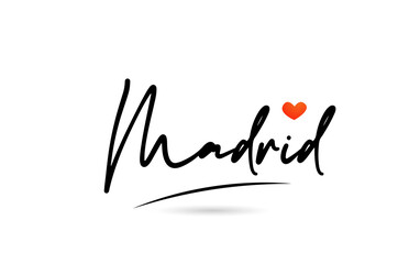 Obraz premium Madrid city text with red love heart design. Typography handwritten design icon