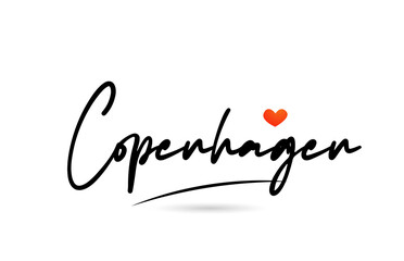 Copenhagen city text with red love heart design.  Typography handwritten design icon