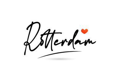 Rotterdam city text with red love heart design.  Typography handwritten design icon