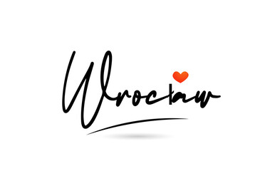 Naklejka premium Wrocław city text with red love heart design. Typography handwritten design icon