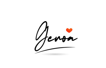 Genoa city text with red love heart design.  Typography handwritten design icon