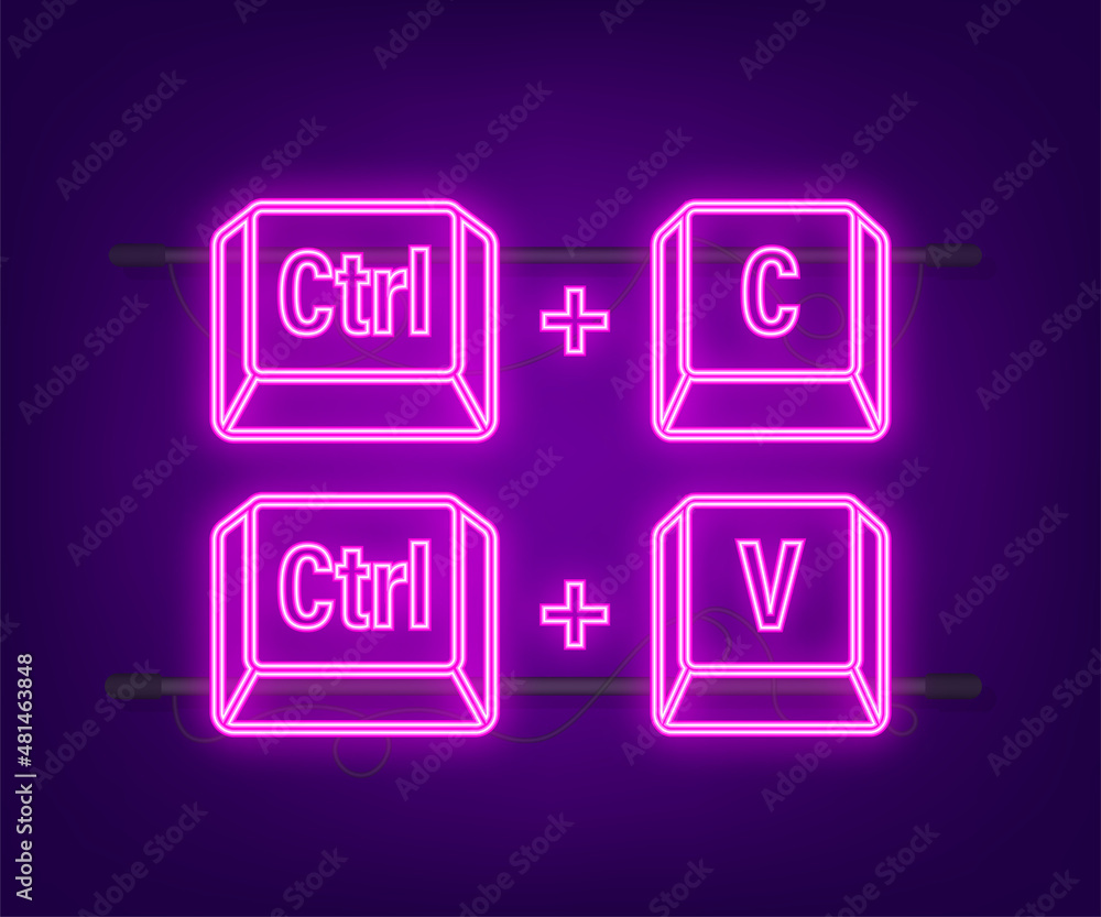 Aufkleber Ctrl C and Ctrl V computer keyboard neon buttons. Desktop interface. Web icon. Vector stock illustration.