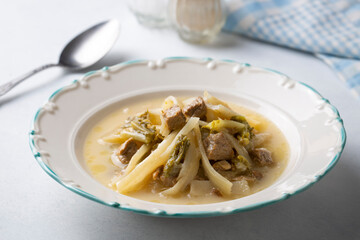 Traditional Turkish cuisine; lamb in a wild herb meal, Kenger (Cnicus benedictus) meal (Turkish name; Kuzu etli, Sevketi Bostan or Sevketibostan yemegi)