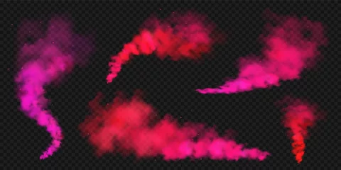 Poster Realistic red colorful smoke clouds, mist effect. Colored fog on dark background. Vapor in air, steam flow. Vector illustration. © 32 pixels