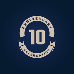10 Year Anniversary Celebration with Golden Color for Celebration Event, Wedding, Greeting card, and Invitation Isolated on Blue Background