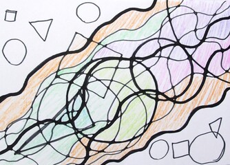 abstract background with circles, lines, waves, colors draw with pencil and colorful markers on paper