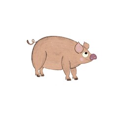 Funny pink pig illustration. Piglet on white background. Kids design with farm animal. Isolated 