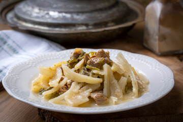 Traditional Turkish cuisine; lamb in a wild herb meal, Kenger (Cnicus benedictus) meal (Turkish name; Kuzu etli, Sevketi Bostan or Sevketibostan yemegi)