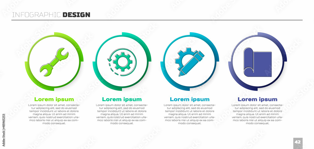 Poster set wrench spanner, gear and arrows as workflow, pencil and gear and graphing paper for engineering.