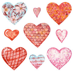 Watercolor romantic hearts with pattern and ornaments isolated on white.Red and pink and blue colored watercolor hearts